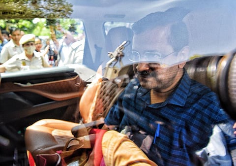 Delhi CM Arvind Kejriwal arrives at the CBI office for questioning in connection with the Delhi excise policy case, in New Delhi on Sunday. (Photo | ANI)