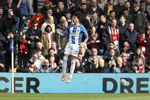 Brighton and Hove Albion's Kaoru Mitoma celebrates scoring his side's first goal during the English Premier League.(Photo |AP)