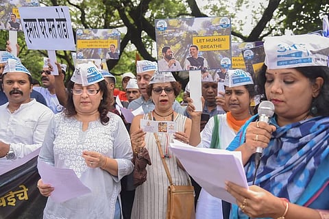 July 2022: AAP workers raise slogans during a protest as Maharashtra government decides to move the Metro-3 car shed back to Aarey Forest, in Mumbai. (File Photo | PTI)