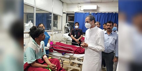 Shiv Sena chief Uddhav Thackeray along with party leader Aaditya Thackeray visits the patients who fell sick due to heat stroke during the Maharashtra Bhushan Samman ceremony, at a hospital in Kamothe