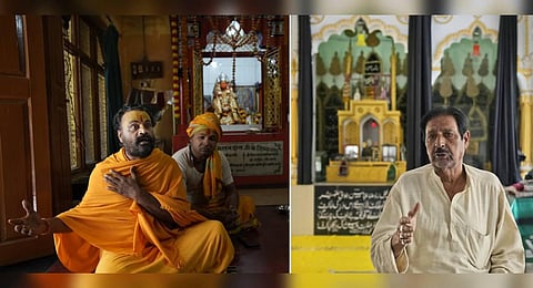 A collage of Hindu priest Swami Ram Das (L) and Muslim community leader Syed Mohammad Munir Abidi (R) expressing their views on the city, in Ayodhya, March 29, 2023. (Photo | AP)