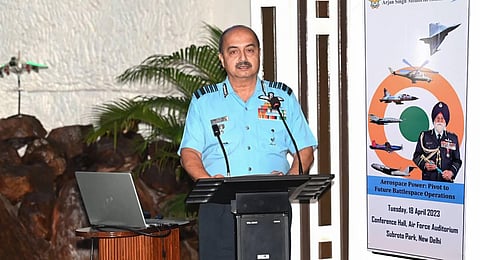 Chief of the Air Staff, Air Chief Marshal, VR Chaudhari speaks at a Seminar, in New Delhi on Tuesday. (Photo | ANI)