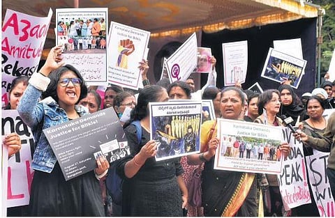 Activists and members of various organisations stage a protest against remission of sentence of Bilkis Bano case convicts, at Freedom Park. (File photo | Express)