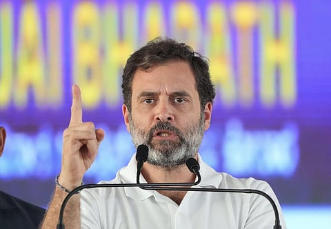 Congress leader Rahul Gandhi addresses a public meeting.  (Photo | PTI)