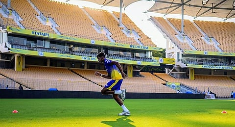 CSK fast bowler Matheesha Pathirana trains at the MA Chidambaram Stadium at Chepauk. (Photo | Chennai Super Kings)