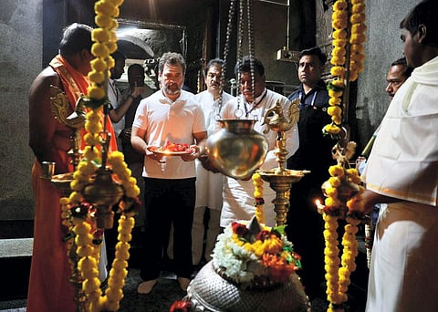 Congress leader Rahul Gandhi offers prayers at Sangamanatha Temple and Aikya Linga, in Kudalasangama, Bagalkot, Sunday, April 23, 2023. (Photo | PTI)