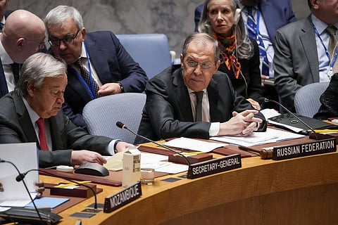 Russia's foreign minister Sergey Lavrov (R) listens as United Nations Secretary-General Antonio Guterres (L) speaks during a meeting of the UN Security Council, April 24, 2023. (Photo | AP)