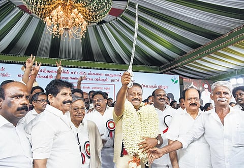 Former CM O Panneerselvam taking part in a  conference in Tiruchy. (Photo | M K Ashok Kumar, EPS)