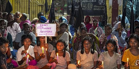 Farmers oppose the acquisition of their land for the project at Eganapuram, near Chennai, where the TN govt has proposed to set up a Chennai Greenfield airport, Dec. 24, 2022. (Photo | PTI)