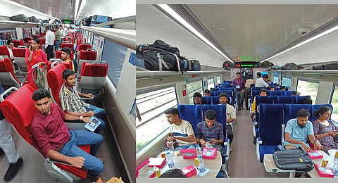 Passengers sitting on the swivel  seats in Vande Bharat Express. (Photo | B P Deepu, EPS)