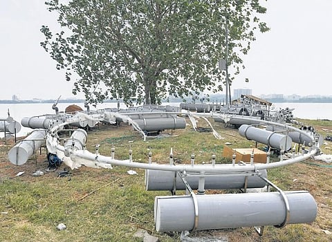 The parts for the modern multimedia laser show kept for installation near the banks of Hussainsagar in Hyderabad. (Photo |  Vinay Madapu, EPS)