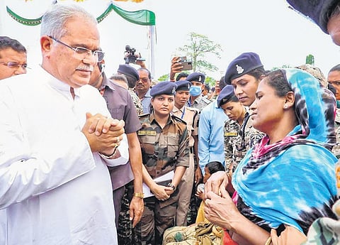 Bhupesh Baghel offers his condolences to family members of police personnel who lost their lives in an IED attack by Naxalites in Dantewada  | PTI
