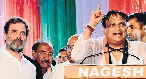 Former AICC president Rahul Gandhi during a public rally in Jewargi for party candidate Dr Ajay Singh on Friday.