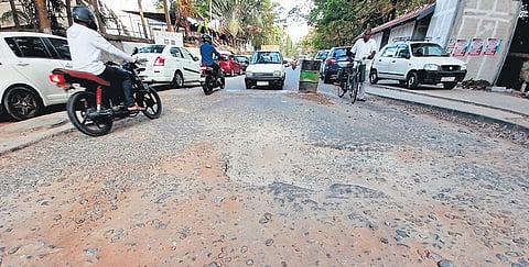 The damaged portion at the beginning of Manaveeyam Road | BP Deepu