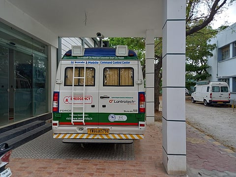 A mobile unit of the Integrated Command and Control Centre lies idle outside the Tiruchy Corporation building on Thursday.  (Photo | Express)
