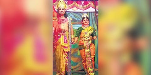 45-year-old Kilari Lakshmi, who hails from Ponduru Mandal, has been performing in folklore and mythological dramas for the past 36 years | Express