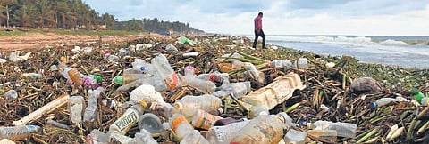 Huge heap of plastic and other waste washed ashore on Veli beach in Thiruvananthapuram ,File pic|B P Deepu