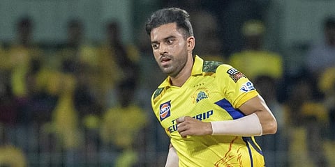 Chennai Super Kings bowler Deepak Chahar in action during the IPL 2023 cricket match against the Lucknow Super Giants in Chennai, April 3, 2023. (Photo | AP)