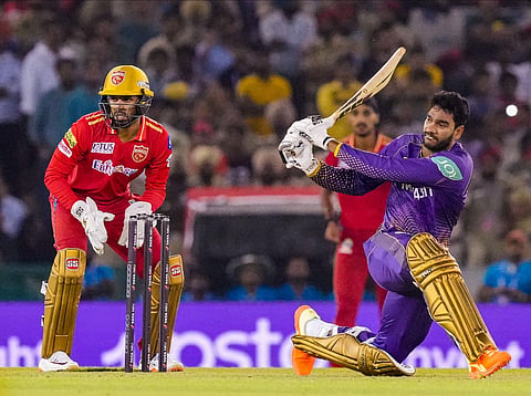 Kolkata Knight Riders batsman Venkatesh Iyer plays a shot during IPL 2023 cricket match between Punjab Kings and Kolkata Knight Riders, in Mohali, April 1, 2023. (Photo | PTI)