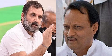 A collage of Congress leader Rahul Gandhi and NCP leader Ajit Pawar (R). (File Photo | PTI)