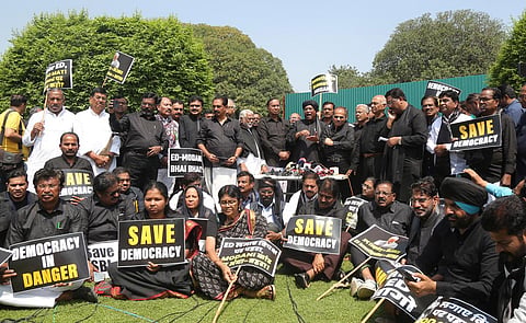 Congress President and Leader of Opposition in Rajya Sabha Mallikarjun Kharge with fellow opposition MPs after a protest march over the Adani issue (File Photo | Parveen Negi, EPS)