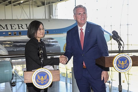 US House Speaker Kevin McCarthy (R) shakes hands with Taiwanese President Tsai Ing-wen after a Bipartisan Leadership Meeting at the Ronald Reagan Presidential Library, April 5, 2023. (Photo | AP)