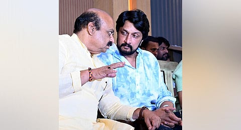 CM Basavaraj Bommai with actor Sudeep in Bengaluru on Wednesday. (Photo | Shashidhar Byrappa, EPS)