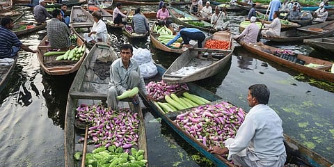 A file photo of a farmer selling vegetables at a floating market on the Dal Lake in Srinagar, used for representative purposes only. (Photo | PTI)