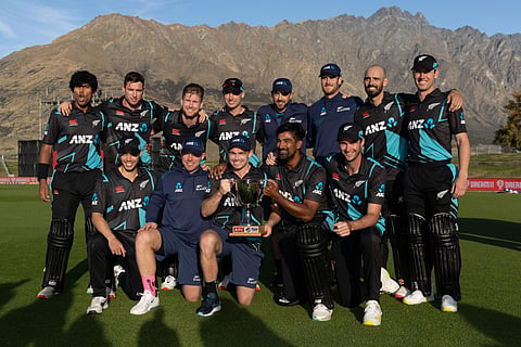 New Zealand's players pose for a team photo after their series win during the third Twenty20 cricket match against Sri Lanka at John Davies Oval in Queenstown on April 8, 2023. (Photo | AFP)