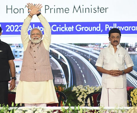 Prime Minister Narendra Modi flags off the 'Vande Bharat, Runs between Chennai - Coimbatore', at a function held at Purachi Thalaivar Dr. MGR Chennai Central station (Photo | EPS/  Ashwin Prasath)
