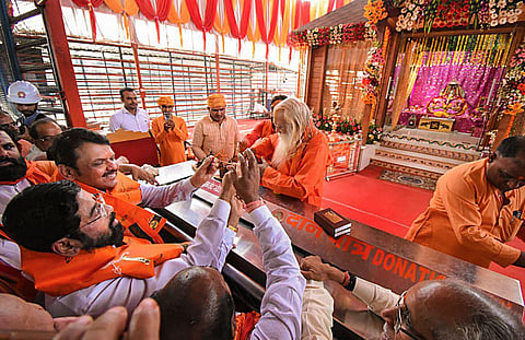 Maharashtra Chief Minister Eknath Shinde with Deputy CM Devendra Fadnavis offers prayers to Ram Lala in Ayodhya, on April 9, 2023. (Photo | PTI)