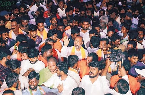 ​  BJP State president Bandi Sanjay leads the party’s third ‘Nirudyoga March’ in Sangareddy town on Thursday  ​