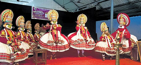 Woman artists performing at the Mahabharatha Kathakali Mahotsavom held at the Emoor  Bhagavathy temple at Kallekulangara in Palakkad on Friday. A total of 42 women, trained at the  Kallekulangara Kath