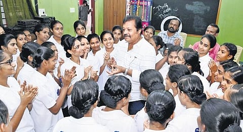 Former MP and actor Suresh Gopi interacts with children at the Government Higher Secondary School for Girls Cottonhill, Vazhuthacaud | Vincent Pulickal