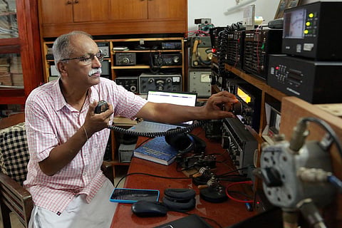 M Venugopalan at his ham radio station at Thuravoor. (Photo | T P Sooraj)
