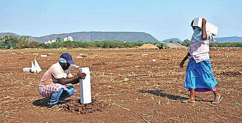 Workers setting up boundary stones in house plots meant for the poor at Krishnayyapalem in Amaravati