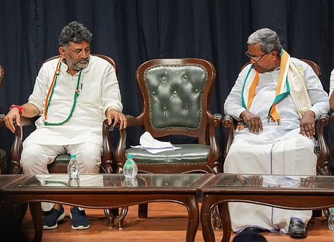 Former CM Siddaramaiah and KPCC chief DK Shivakumar during the Congress party's celebrations in Bengaluru, Saturday, May 13, 2023. (Photo | PTI)