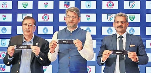 AIFF president Kalyan Chaubey (Centre), SAAF general secretary Anwarul Huq (left) & AIFF secretary general Shaji Prabhakaran during the ceremony | AIFF