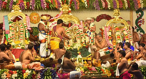 The celestial wedding of Goddess Meenakshi and lord Sundareswarar on the 10th day of the Chithirai festival was held at the Arulmigu Meenakshi Sundaraeswarar temple. (Photo | KK Sundar, EPS)