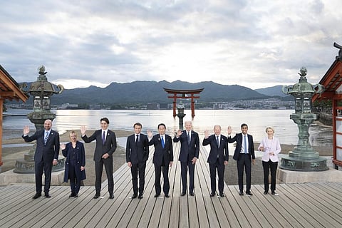 Italian Premier Meloni, Canada's PM Trudeau, French President Macron, Japanese PM Kishida, US President Biden, German Chancellor Scholz, British PM Sunak. (Photo | AP)