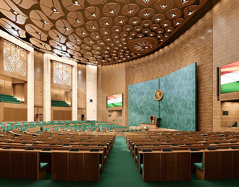 A representative image of the Lok Sabha chamber inside the new Parliament building complex. (Photo | centralvista.gov.in)