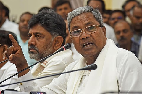 FILE - Karnataka CM Siddaramaiah and Deputy CM DK Shivakumar address media persons in Bengaluru. (Photo | Vinod Kumar T, EPS)