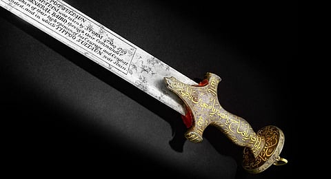 The Bedchamber Sword of Tipu Sultan that was sold at Bonhams auction house, in London.(PTI Photo)