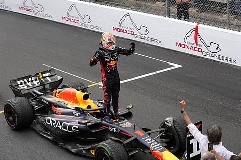 Red Bull driver Max Verstappen of the Netherlands celebrates as he stands on his car after winning the Monaco Formula One Grand Prix, Sunday, May 28, 2023. (Photo | AP)