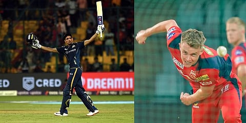(L) Shubman Gill raises his bat after scoring a century, Punjab Kings player Sam Curran bowls during a practice session. (Photo | Vinod Kumar T and PTI)
