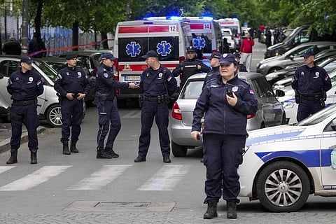 Police block streets around the Vladislav Ribnikar school in Belgrade, Serbia, Wednesday, May 3, 2023. (Photo | AP)