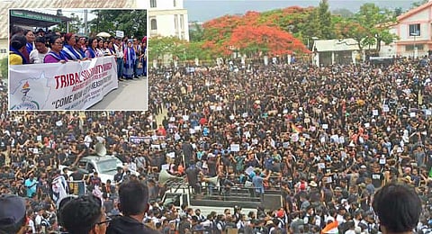 Thousands joined the processions, waved placards and raised slogans opposing ST status for the Meitei community. (Photo | Twitter)