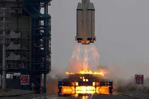 A Long March rocket carrying a crew of Chinese astronauts in a Shenzhou-16 spaceship lifts off at the Jiuquan Satellite Launch Center in northwestern China. (Photo | PTI)