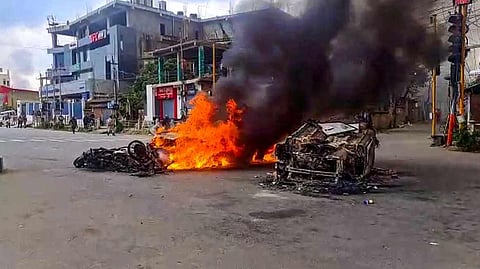 Vehicles in flames after violence broke out during the 'Tribal Solidarity March' called by All Tribal Student Union Manipur (ATSUM), in Imphal. Representational image