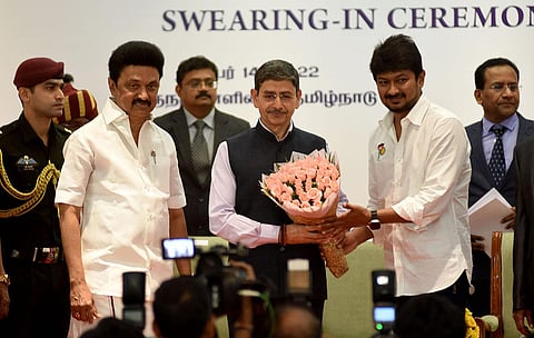 CM MK Stalin, Governor RN Ravi and Minister for Youth Welfare and Sports Development Udhayanidhi Stalin  (Photo | PTI)